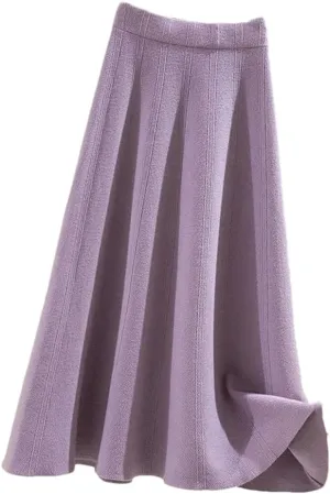 DBFBDTU Women's Autumn Thick Large Swing Knitted Long Skirt Pleated Skirt High Waist A-Line Midi Skirt