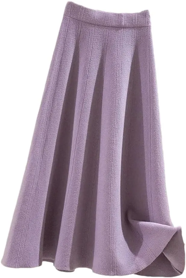 DBFBDTU Women's Autumn Thick Large Swing Knitted Long Skirt Pleated Skirt High Waist A-Line Midi Skirt