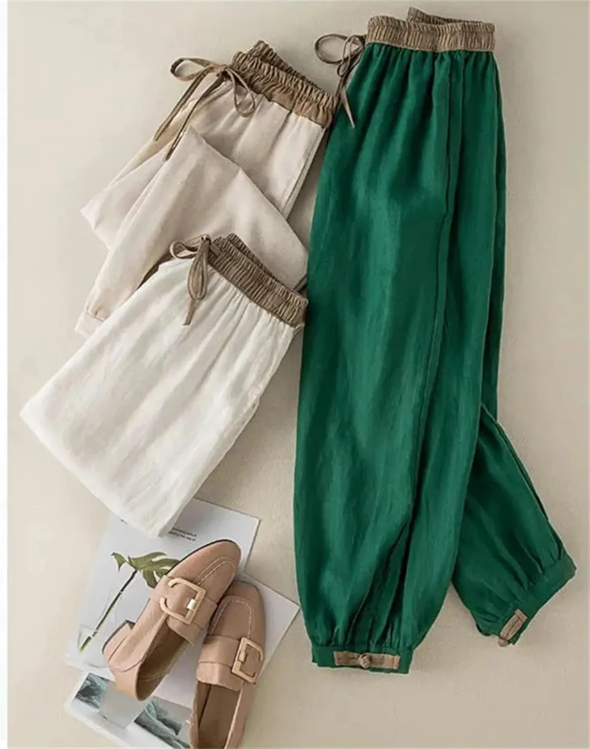Dcvmvmn Women's High Waist Harem Pants Loose Casual Elastic Lace-Up Ankle-Length Trousers with Drawstring