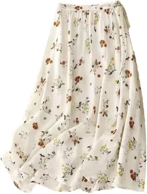 Dndrdhfb Women's French Print Midi Skirt Summer High Waist Tie Pleated A-Line Skirt