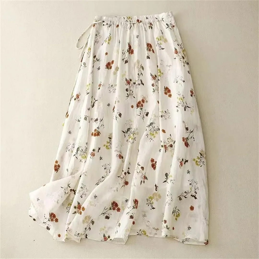 Dndrdhfb Women's French Print Midi Skirt Summer High Waist Tie Pleated A-Line Skirt