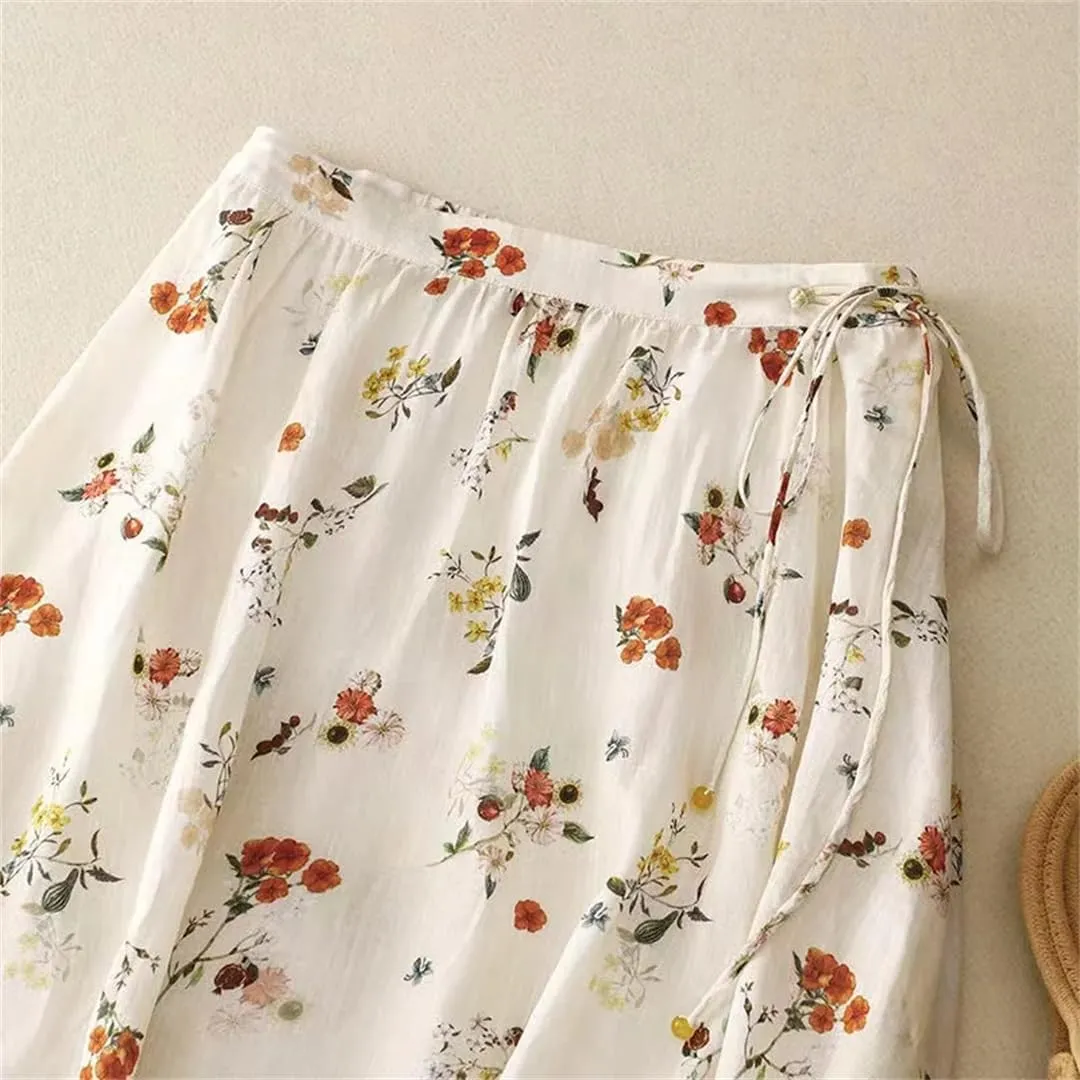 Dndrdhfb Women's French Print Midi Skirt Summer High Waist Tie Pleated A-Line Skirt