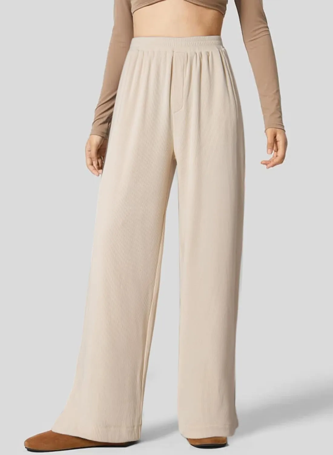 Dokotoo Women's Wide Leg Pants Trendy Casual Pants for Women 2024 Fall Ribbed Knit Waisted Baggy Pants