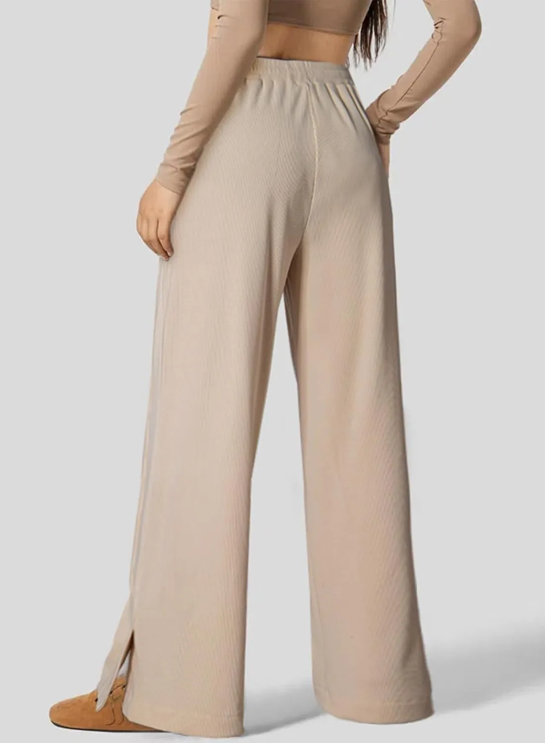 Dokotoo Women's Wide Leg Pants Trendy Casual Pants for Women 2024 Fall Ribbed Knit Waisted Baggy Pants