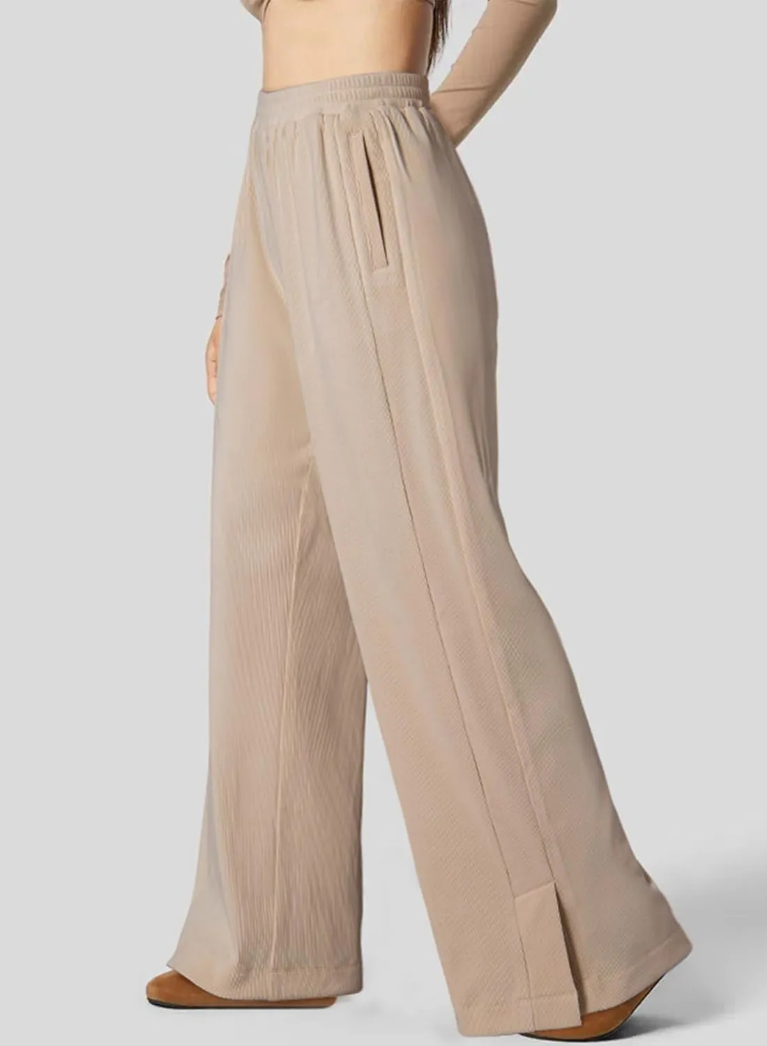Dokotoo Women's Wide Leg Pants Trendy Casual Pants for Women 2024 Fall Ribbed Knit Waisted Baggy Pants