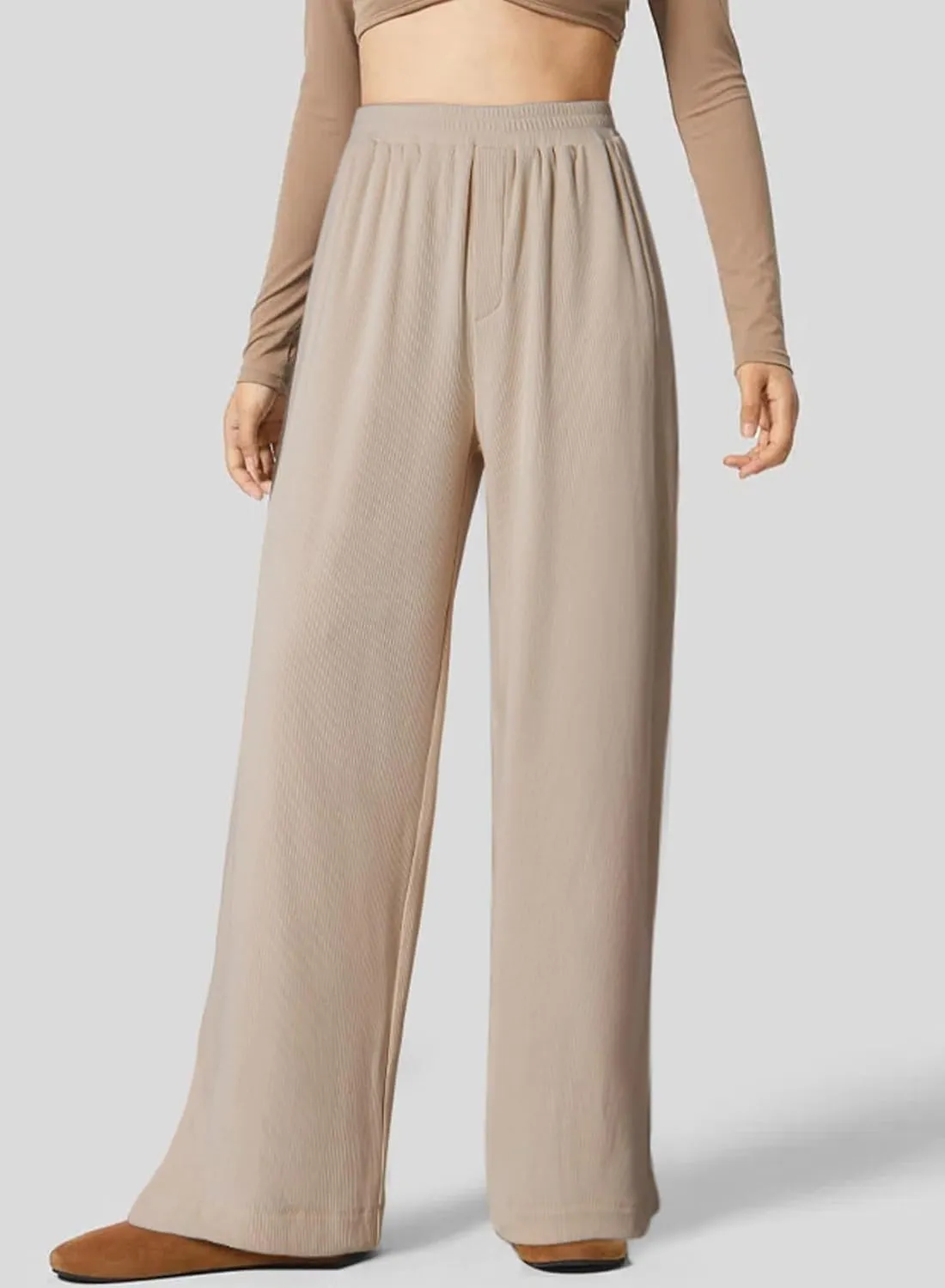 Dokotoo Women's Wide Leg Pants Trendy Casual Pants for Women 2024 Fall Ribbed Knit Waisted Baggy Pants