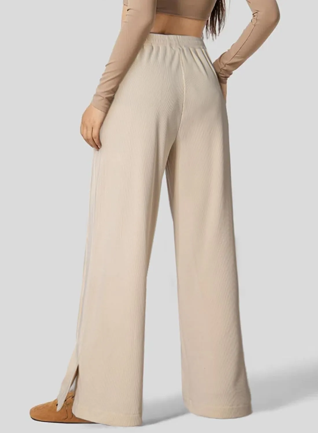Dokotoo Women's Wide Leg Pants Trendy Casual Pants for Women 2024 Fall Ribbed Knit Waisted Baggy Pants