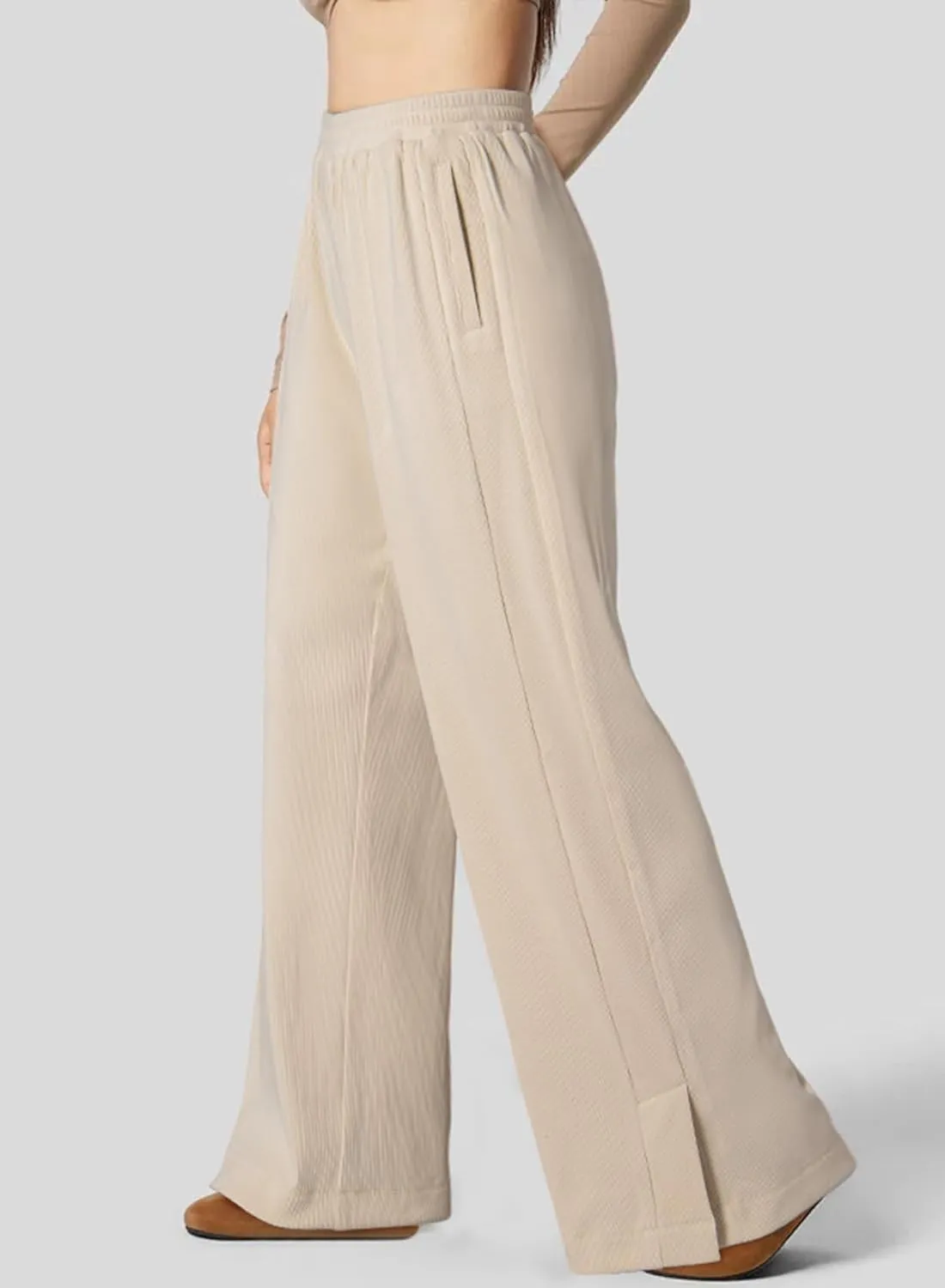 Dokotoo Women's Wide Leg Pants Trendy Casual Pants for Women 2024 Fall Ribbed Knit Waisted Baggy Pants