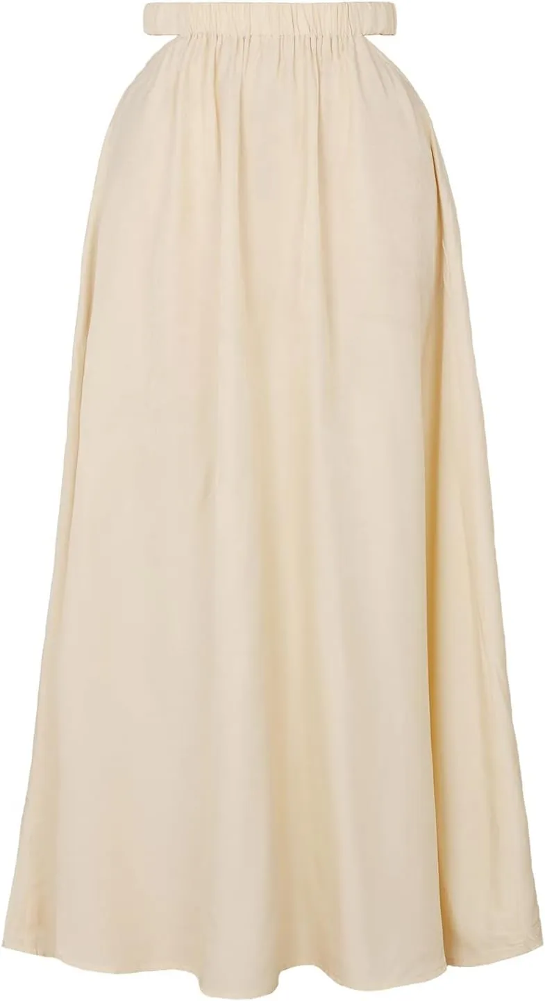 ebossy Women's Cutout Flowy Boho Long Skirt Elastic Waist Solid Color A-Line Swing Beach Holiday Cotton Skirt