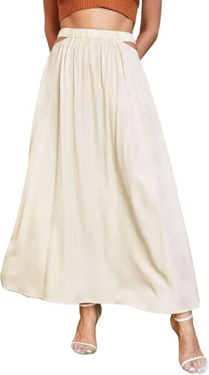ebossy Women's Cutout Flowy Boho Long Skirt Elastic Waist Solid Color A-Line Swing Beach Holiday Cotton Skirt