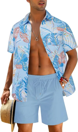 EISHOPEER Men's Flower Shirt Hawaiian Sets Casual Button Down Short Sleeve Shirt and Solid Quick Dry Beach Shorts S-3XL