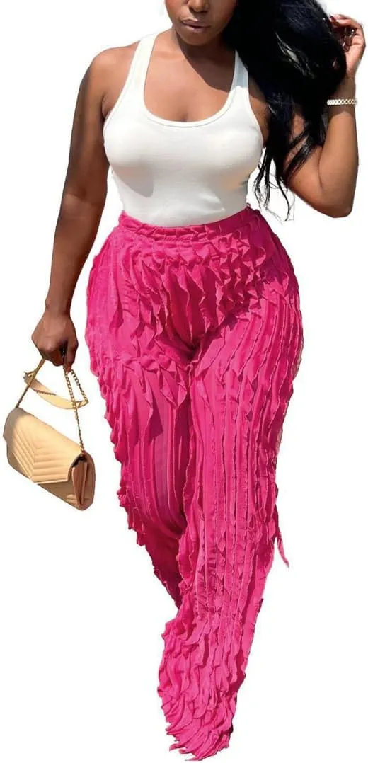 ENOPINK Women's Sexy High Waist Pants Casual Wide Leg Long Pants Palazzo Flowy Trousers Party Clubwear Pink M