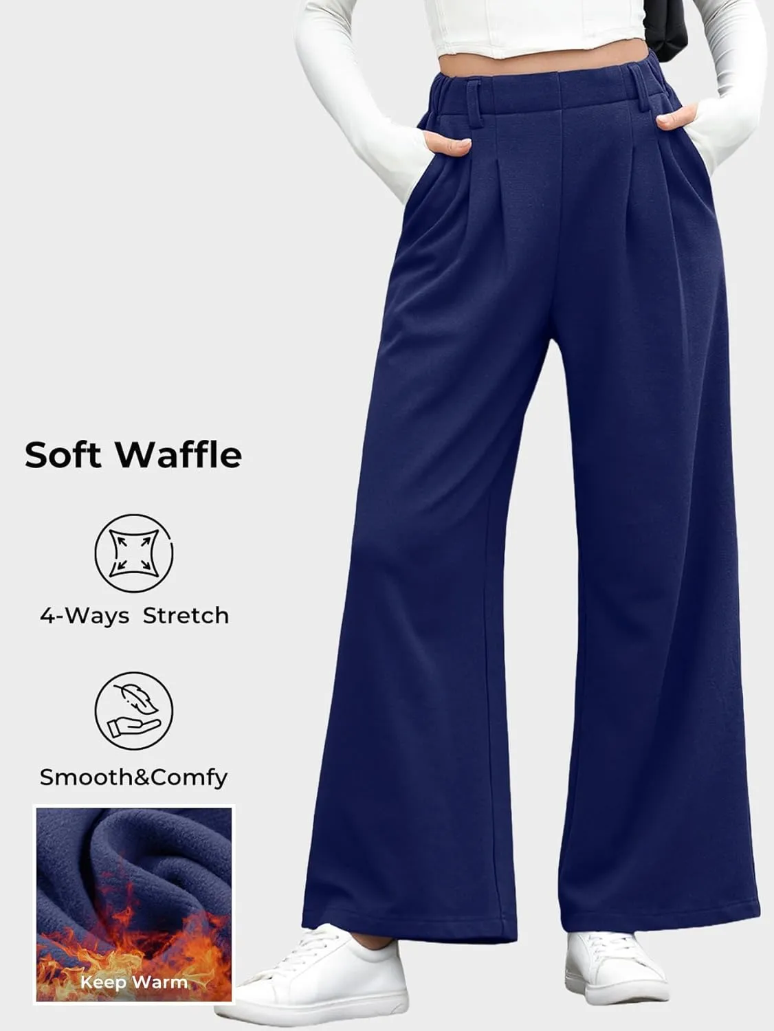 EVALESS Wide Leg Pants for Women Elastic High Waisted Waffle Knit Fleece Palazzo Pants Trousers with Pockets