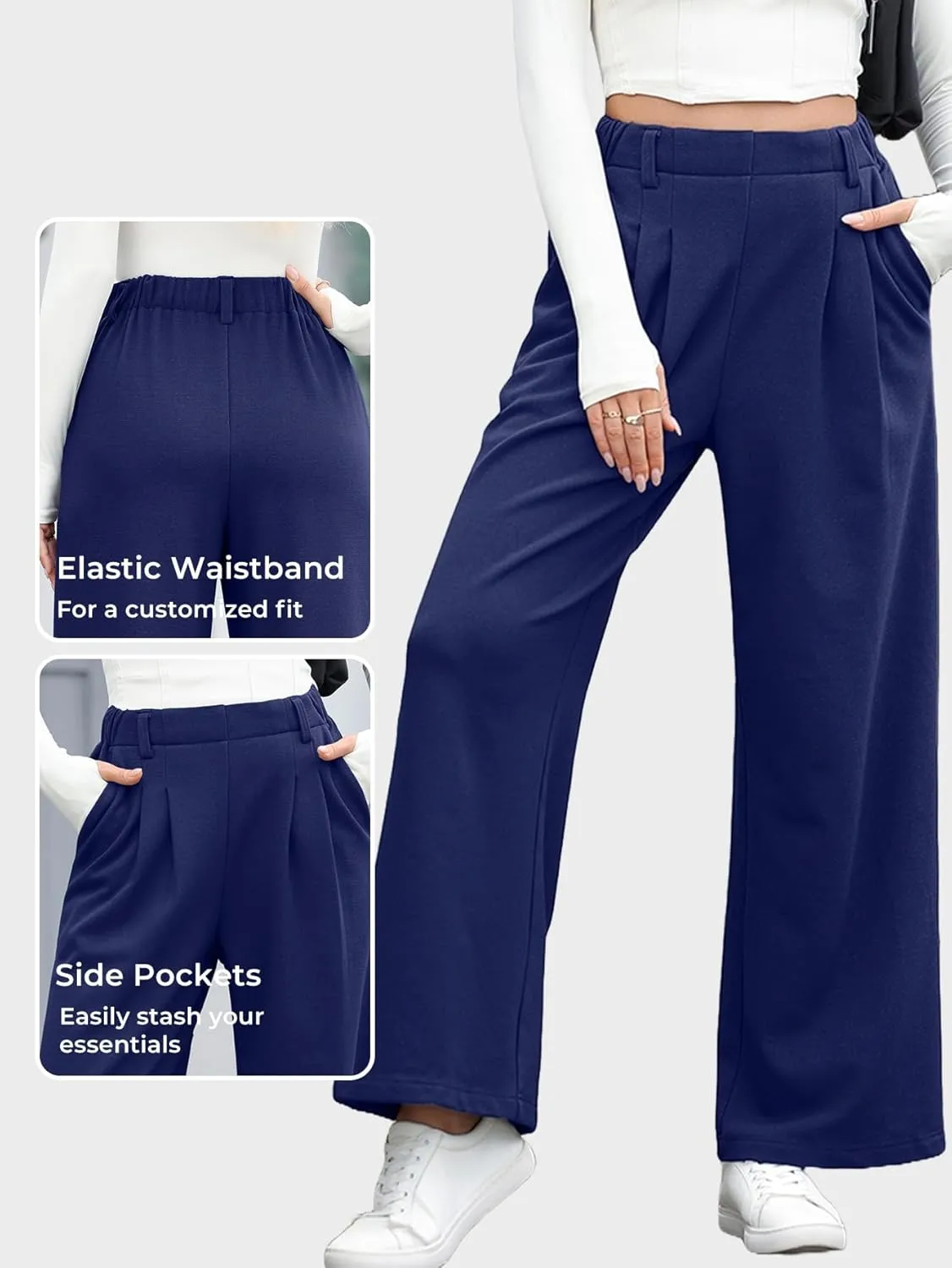 EVALESS Wide Leg Pants for Women Elastic High Waisted Waffle Knit Fleece Palazzo Pants Trousers with Pockets