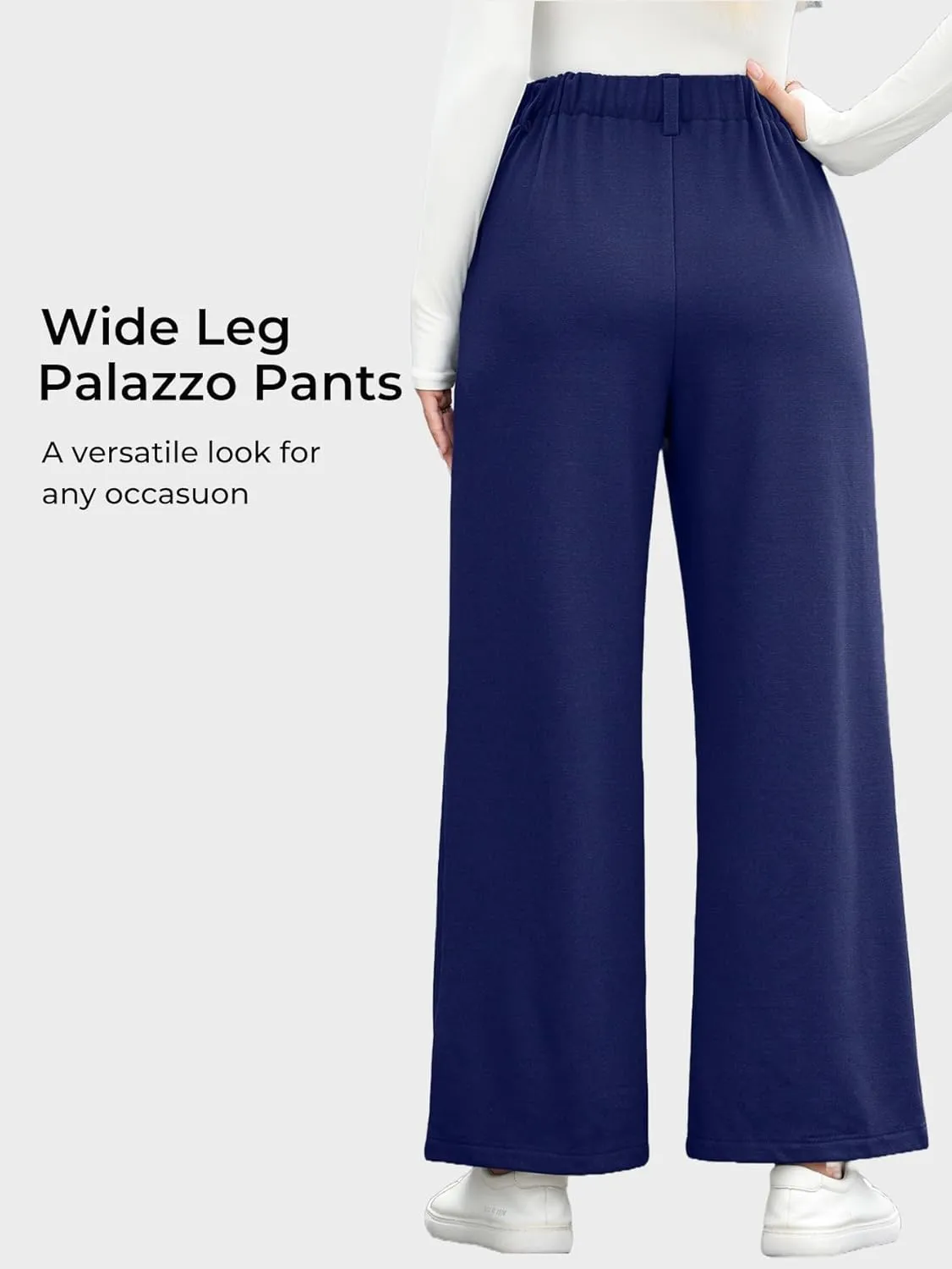 EVALESS Wide Leg Pants for Women Elastic High Waisted Waffle Knit Fleece Palazzo Pants Trousers with Pockets