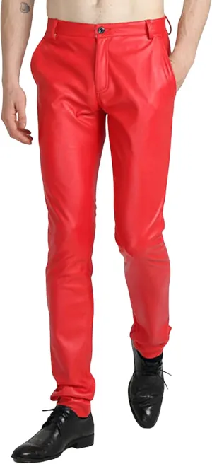 Faleave Men's Faux Leather Pants Skinny Stretch Black Red Slim Fit Suit Pants