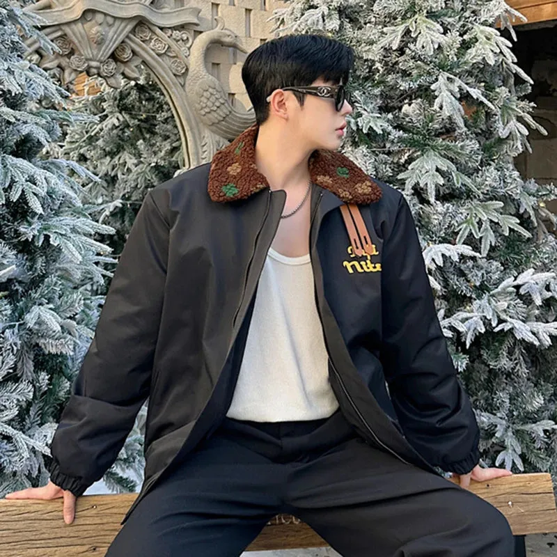 Fashion Men's Padded Jackets Printed Colour Turn-down Collar Letter Contrast Color Male Cotton Tops Niche Coats 9C8836