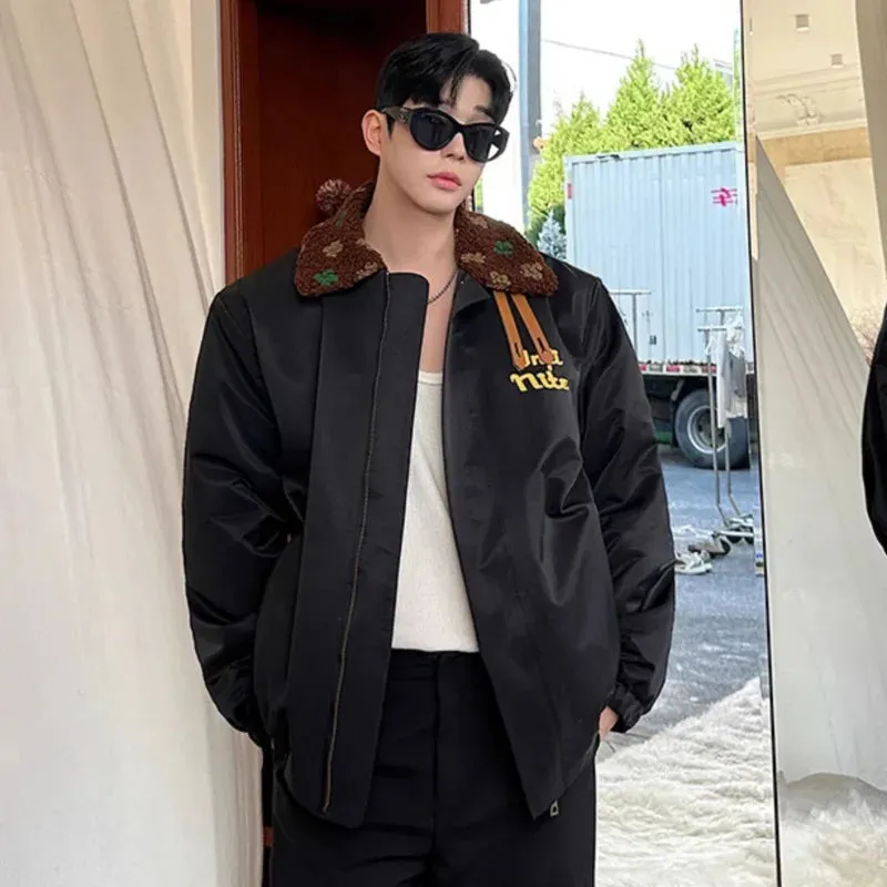 Fashion Men's Padded Jackets Printed Colour Turn-down Collar Letter Contrast Color Male Cotton Tops Niche Coats 9C8836
