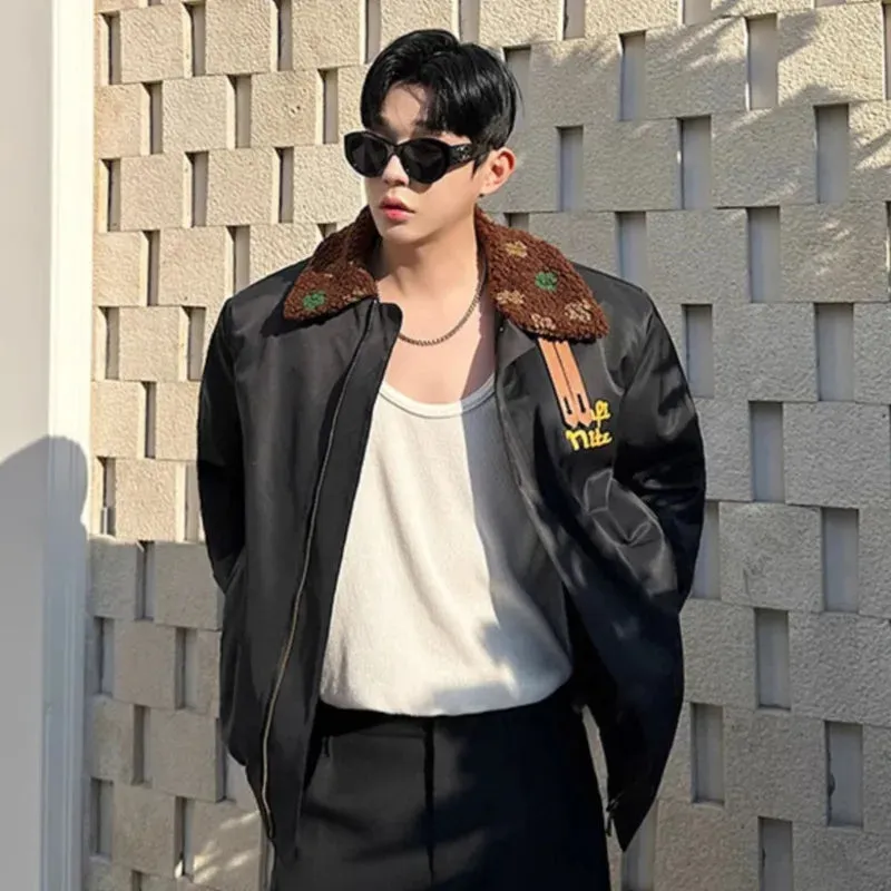 Fashion Men's Padded Jackets Printed Colour Turn-down Collar Letter Contrast Color Male Cotton Tops Niche Coats 9C8836