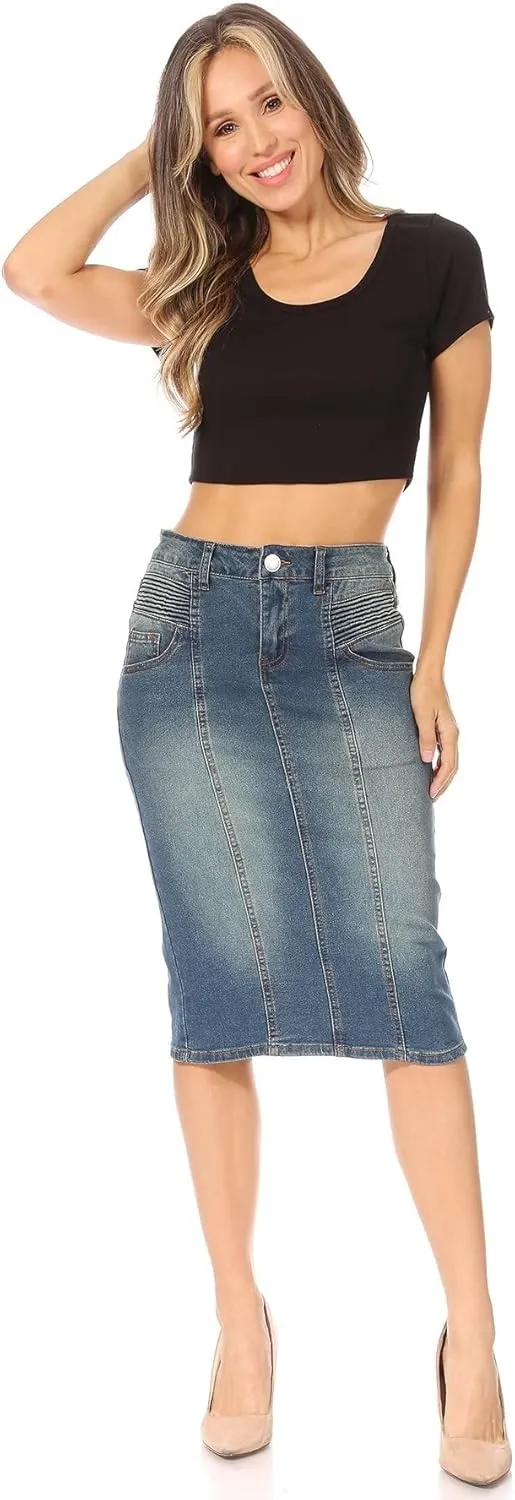 Fashion2Love Women's Juniors/Plus Size Middle - Length Stretch Denim Pencil Skirt (79010)