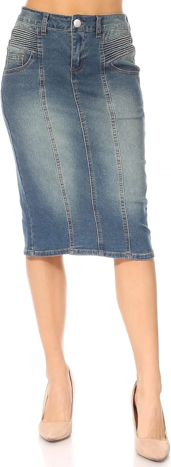 Fashion2Love Women's Juniors/Plus Size Middle - Length Stretch Denim Pencil Skirt (79010)
