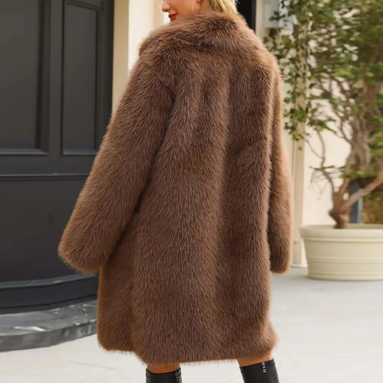 Faux Fur Solid Coats for Women Casual Loose Notch Lapel Fluffy Trench Coats Casual Thicken Warm Long Sleeve Outwear