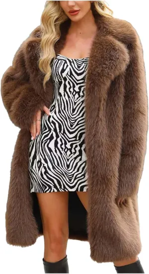 Faux Fur Solid Coats for Women Casual Loose Notch Lapel Fluffy Trench Coats Casual Thicken Warm Long Sleeve Outwear