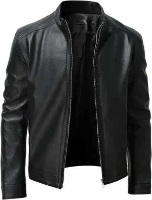 Faux Leather Jacket Men Band Collar Vintage Zipper Biker Jackets Fashion Solid Color Big and Tall Loose Casual Coat