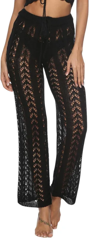 FEOYA Women Crochet Cover Up Pants Hollow Out High Waist Beach Pants Knit Swimsuit Coverup Pants