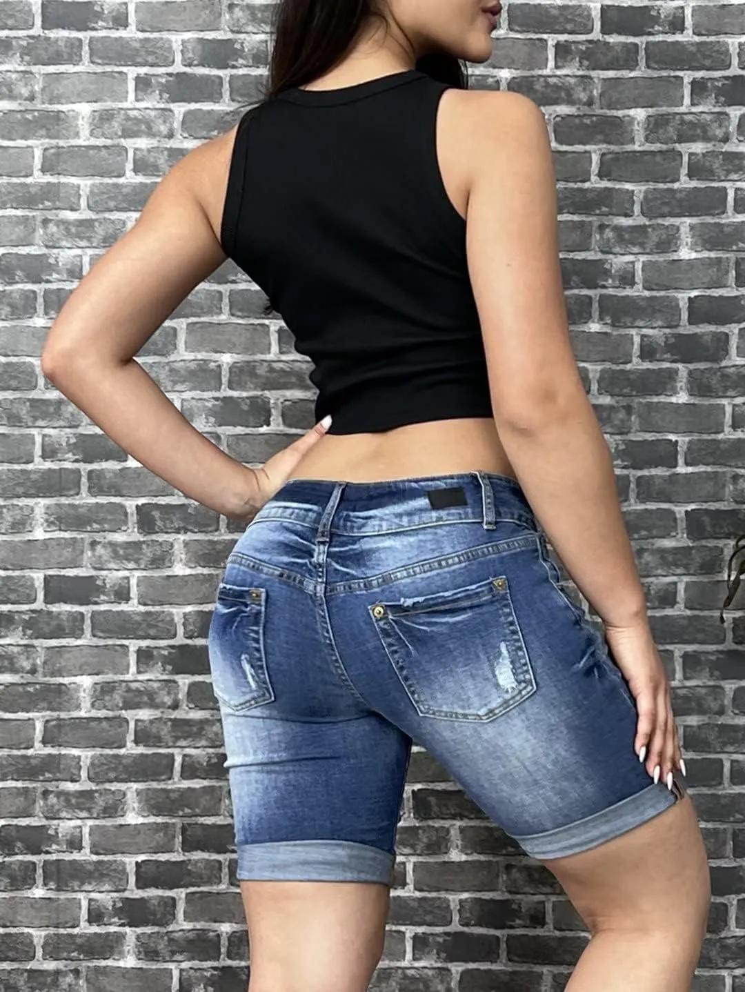 Flamingals Women's Jean Shorts Ripped Denim Shorts Mid Waist Casual Stretchy Shorts