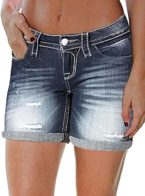 Flamingals Women's Ripped Cuffed Hem Denim Shorts Low Waist Casual Shorts
