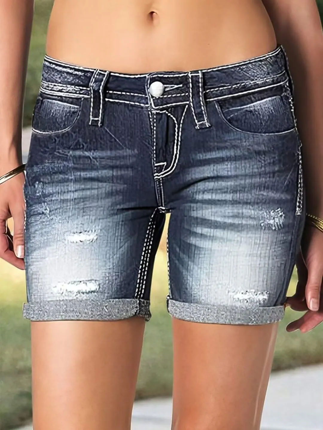 Flamingals Women's Ripped Cuffed Hem Denim Shorts Low Waist Casual Shorts