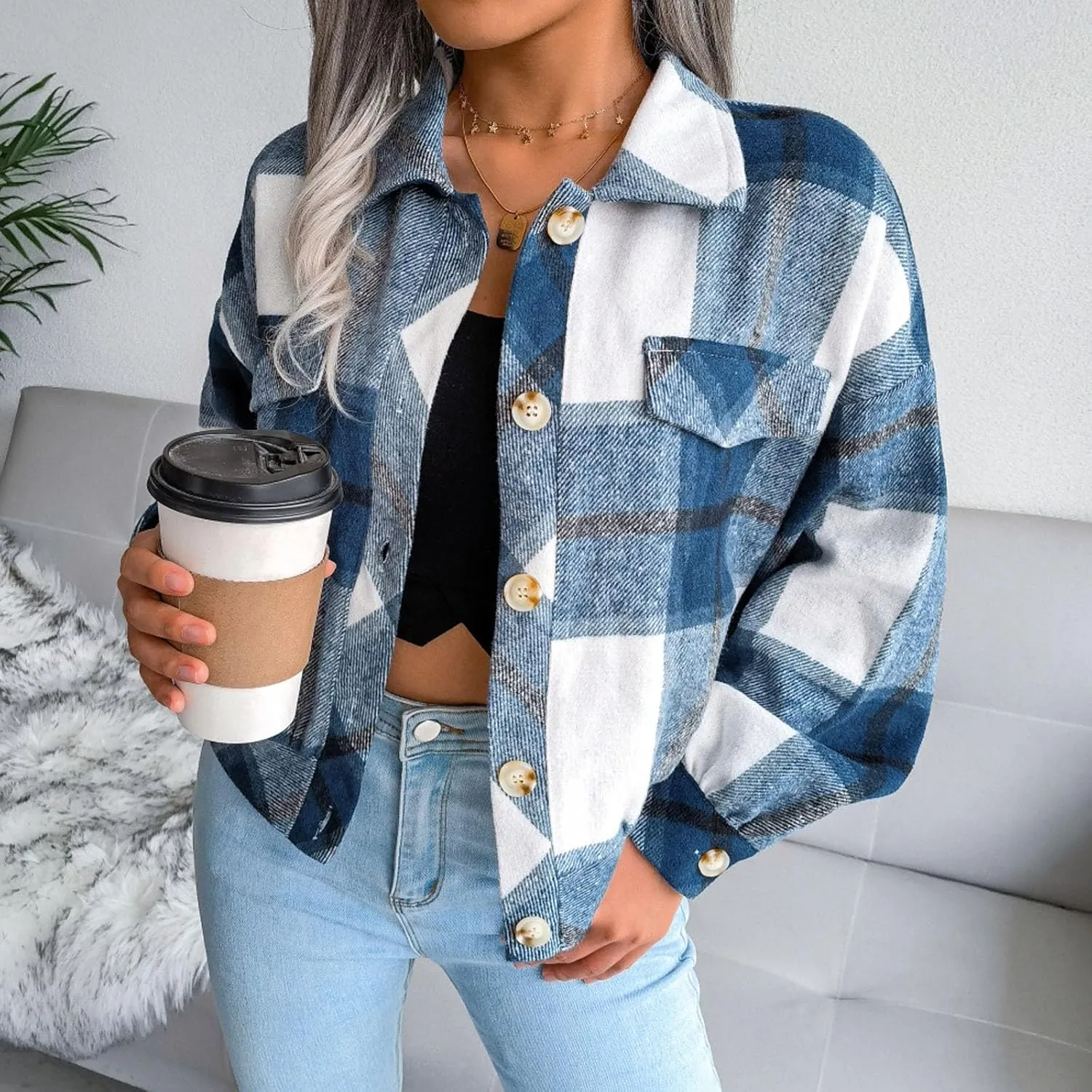 Flannel Jacket Women Plaid Fleece Sherpa Shacket Jackets 2024 Casual Long Sleeve Button Down Collared Fall Winter Coats