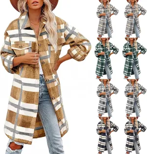 Flannel Shirts for Women Quilted Lined Shacket Jacket Fall Winter Tartan Trench Coat Tartan Long Jacket Coats