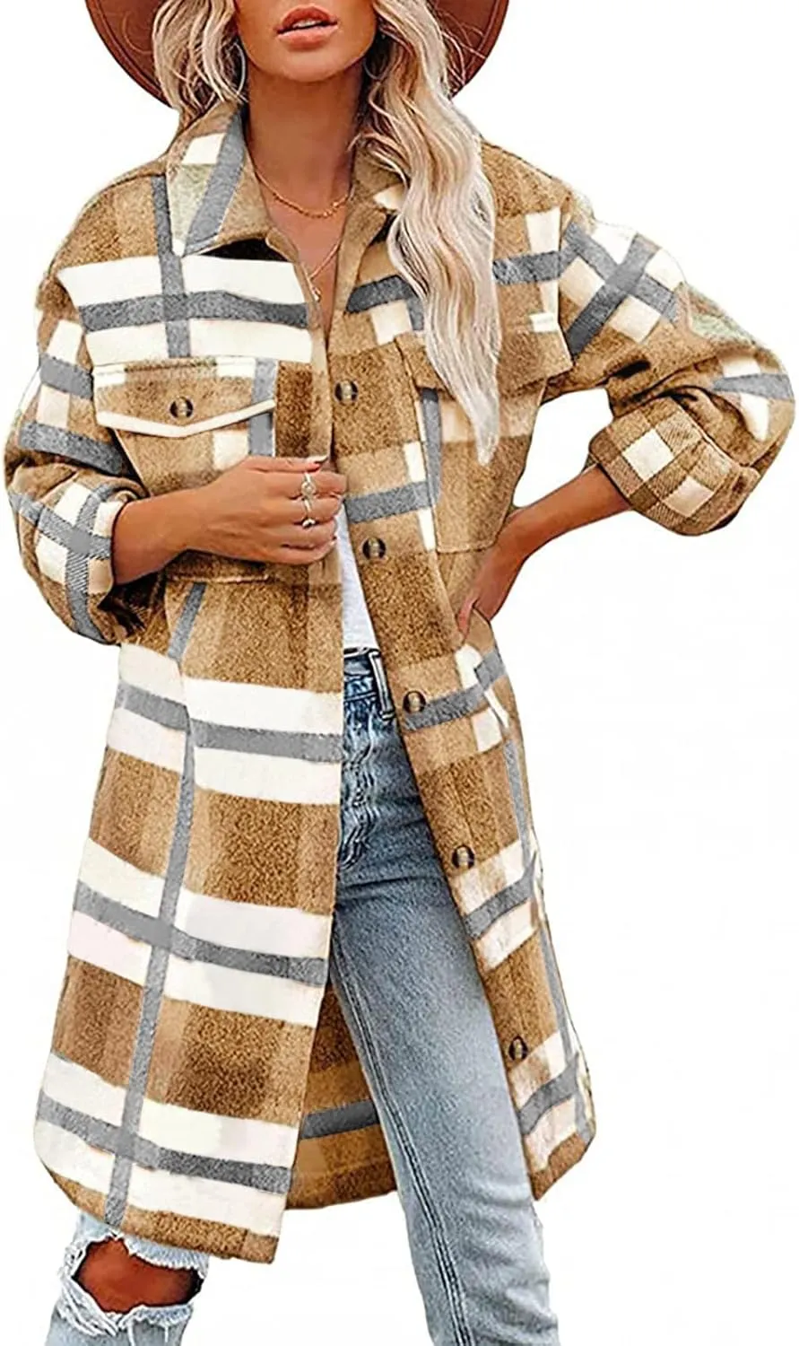 Flannel Shirts for Women Quilted Lined Shacket Jacket Fall Winter Tartan Trench Coat Tartan Long Jacket Coats