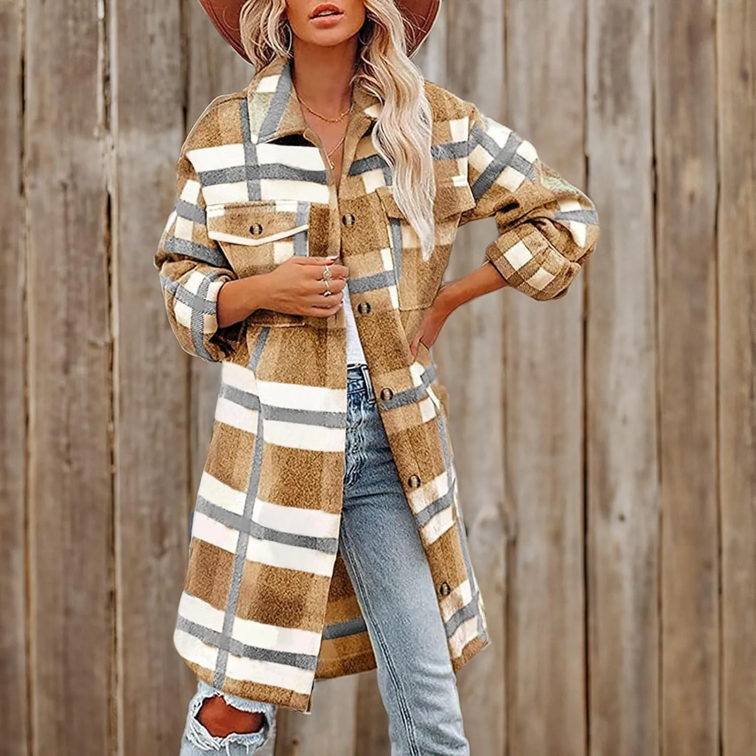 Flannel Shirts for Women Quilted Lined Shacket Jacket Fall Winter Tartan Trench Coat Tartan Long Jacket Coats