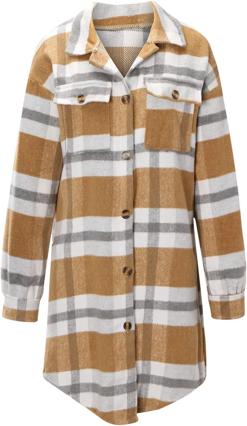 Flannel Shirts for Women Quilted Lined Shacket Jacket Fall Winter Tartan Trench Coat Tartan Long Jacket Coats