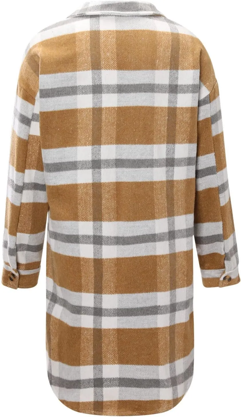 Flannel Shirts for Women Quilted Lined Shacket Jacket Fall Winter Tartan Trench Coat Tartan Long Jacket Coats