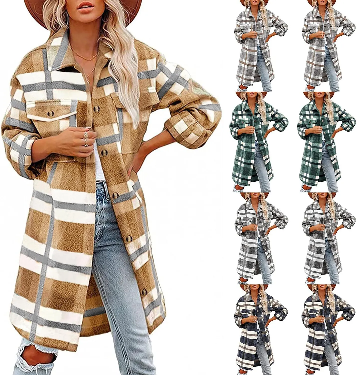 Flannel Shirts for Women Quilted Lined Shacket Jacket Fall Winter Tartan Trench Coat Tartan Long Jacket Coats