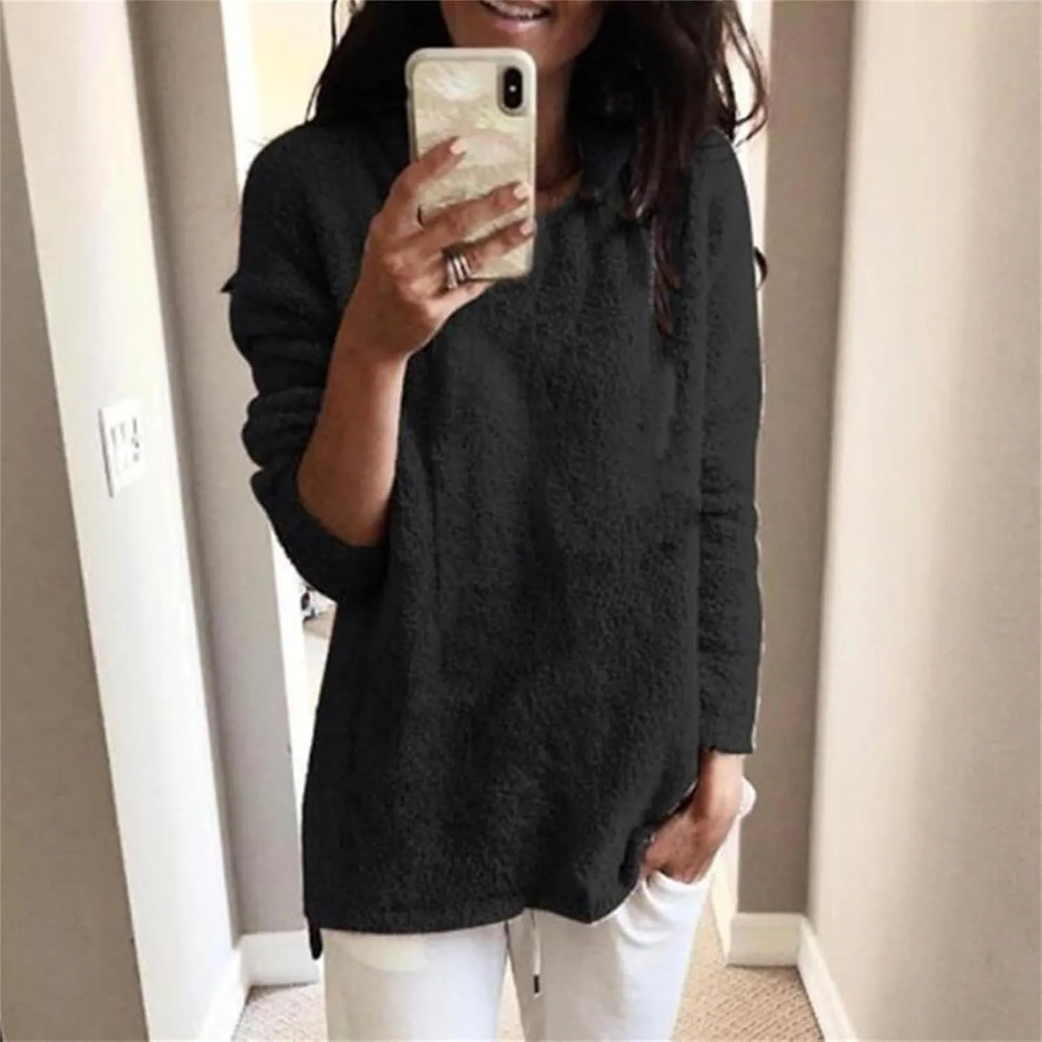 Fleece Jacket Women Long Sleeve Thin Fashion Ladies Pullover Sweater Oversized Fluffy Outerwear Sherpa Jacket