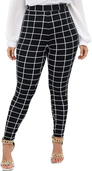 Floerns Women's Plus Size Plaid Pants Leggings Stretchy Elastic Waist Work Skinny Pants