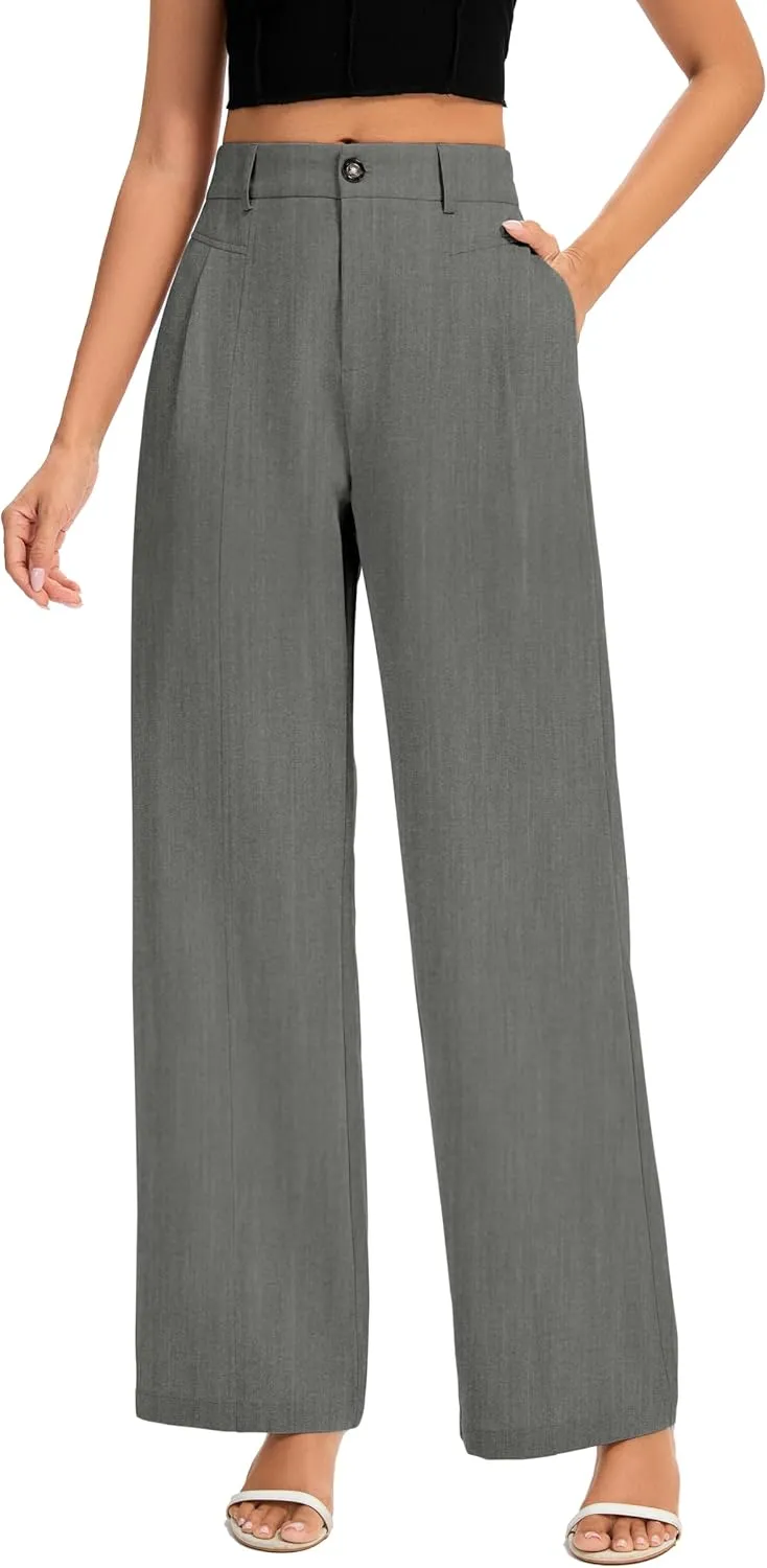 FUNYYZO Women's Long Casual Pants High Waisted Work Pants Dressy Wide Leg Elastic Waist Trousers Pants