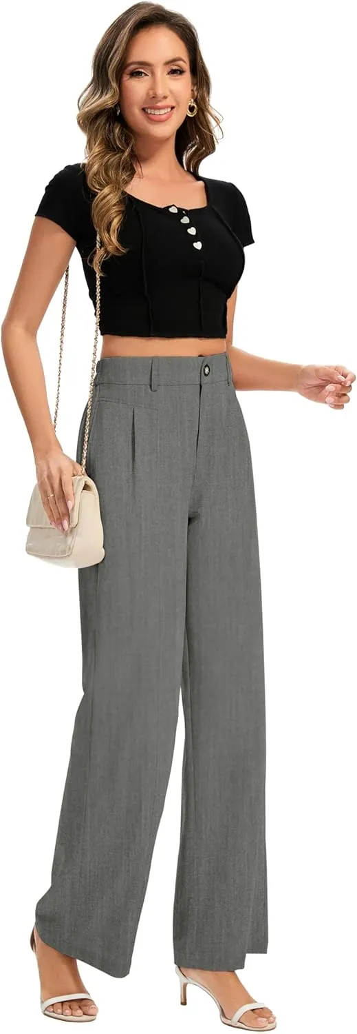 FUNYYZO Women's Long Casual Pants High Waisted Work Pants Dressy Wide Leg Elastic Waist Trousers Pants