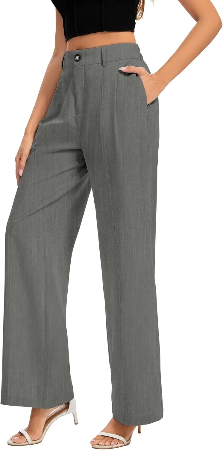 FUNYYZO Women's Long Casual Pants High Waisted Work Pants Dressy Wide Leg Elastic Waist Trousers Pants