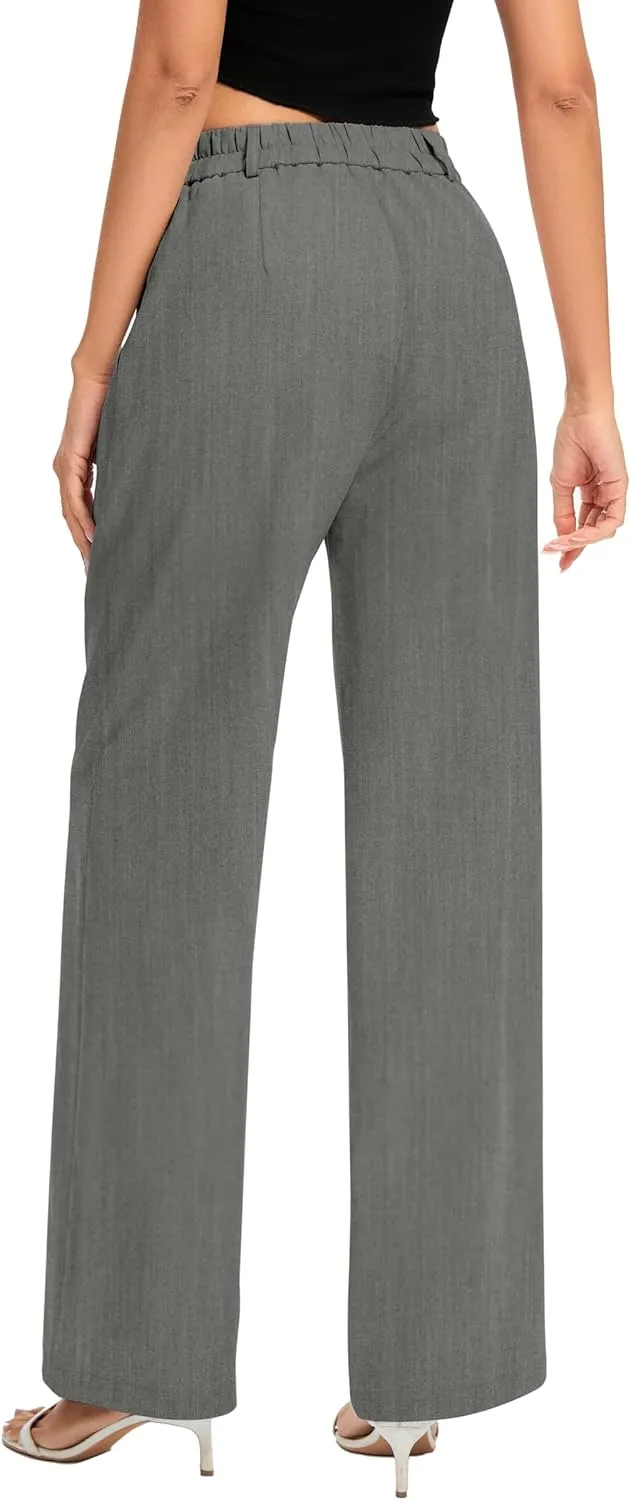 FUNYYZO Women's Long Casual Pants High Waisted Work Pants Dressy Wide Leg Elastic Waist Trousers Pants
