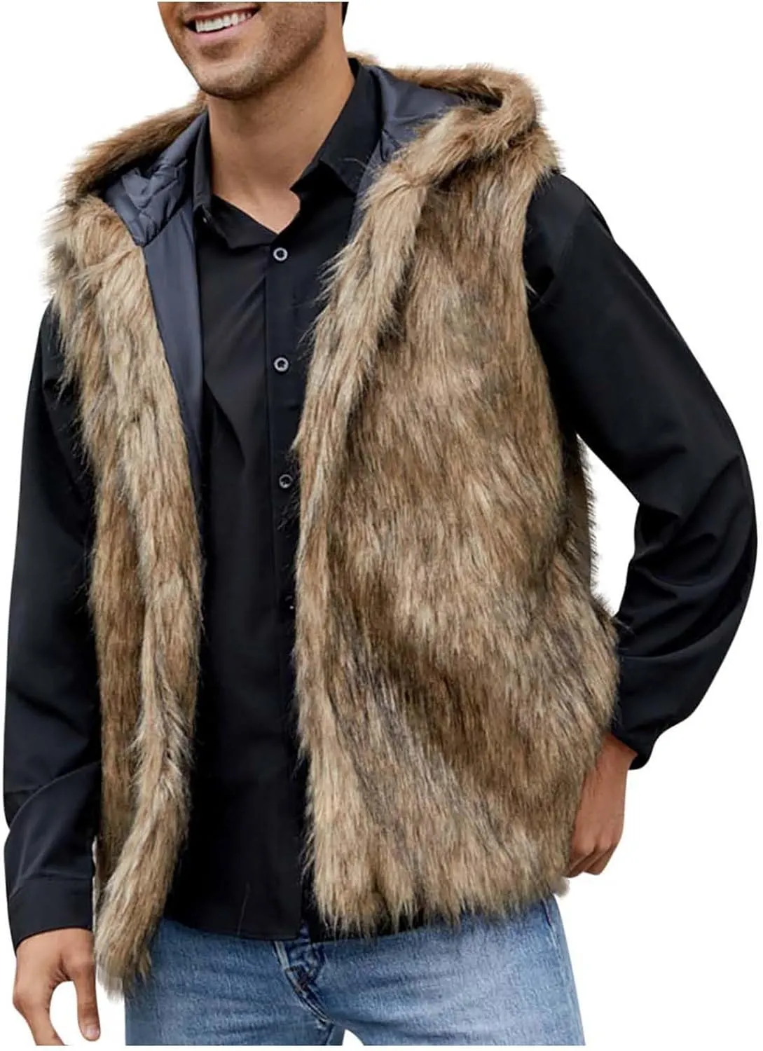 Fur Vest Jacket for Men Furry Faux Fur Coat Hooded Open Front Warm Casual Loose Thicken Cardigan Winter Cardigan Vest
