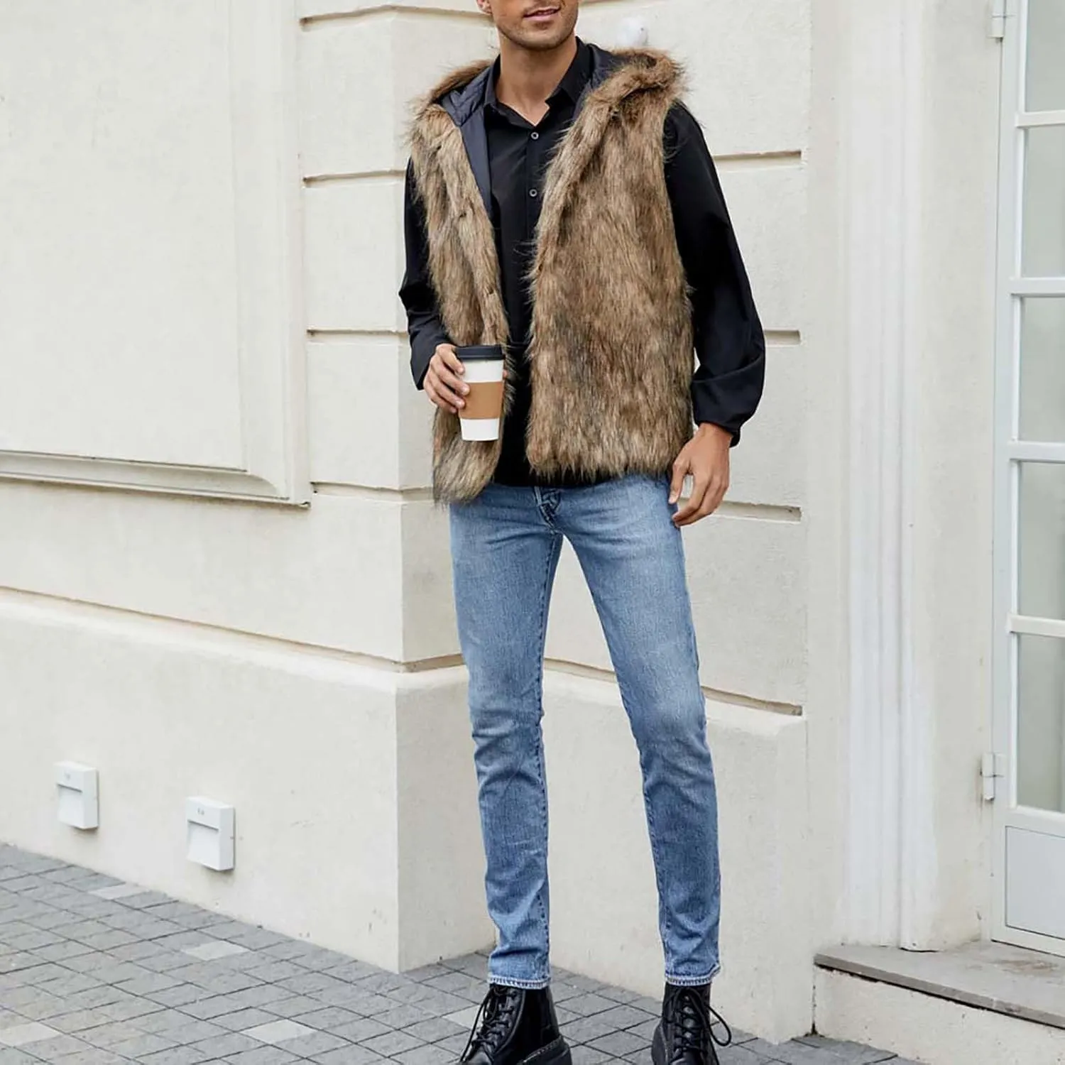 Fur Vest Jacket for Men Furry Faux Fur Coat Hooded Open Front Warm Casual Loose Thicken Cardigan Winter Cardigan Vest