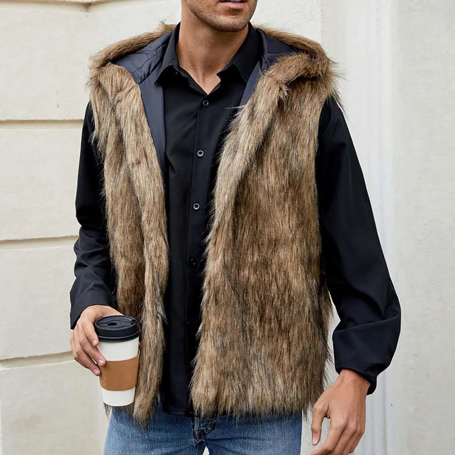 Fur Vest Jacket for Men Furry Faux Fur Coat Hooded Open Front Warm Casual Loose Thicken Cardigan Winter Cardigan Vest