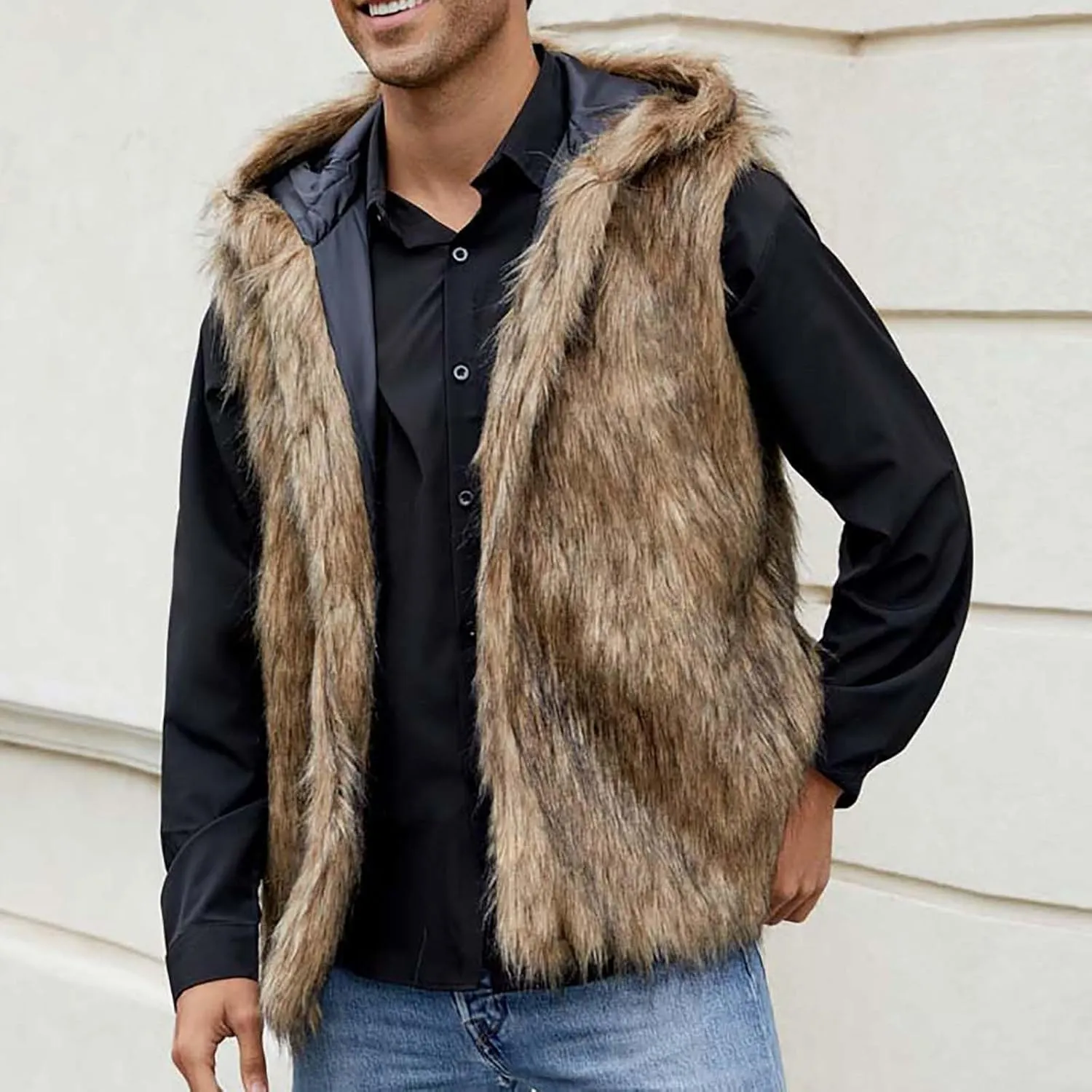 Fur Vest Jacket for Men Furry Faux Fur Coat Hooded Open Front Warm Casual Loose Thicken Cardigan Winter Cardigan Vest