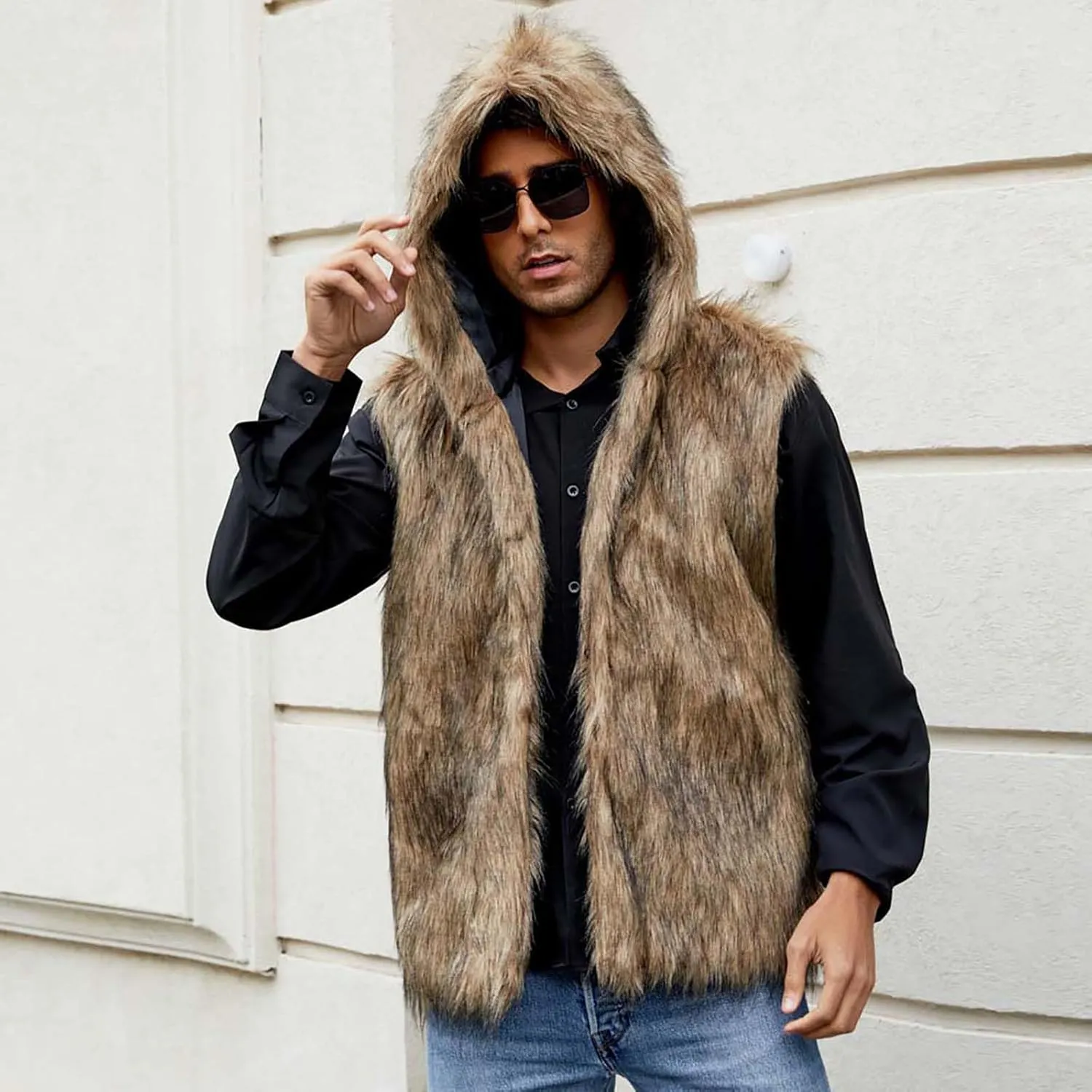 Fur Vest Jacket for Men Furry Faux Fur Coat Hooded Open Front Warm Casual Loose Thicken Cardigan Winter Cardigan Vest
